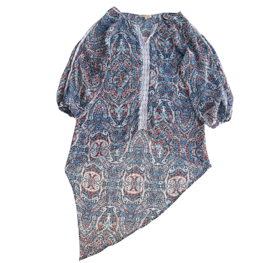 Democracy Women’s L Blue Orange Boho Paisley 3/4 Sleeve Asymmetrical Hi-Lo Tunic